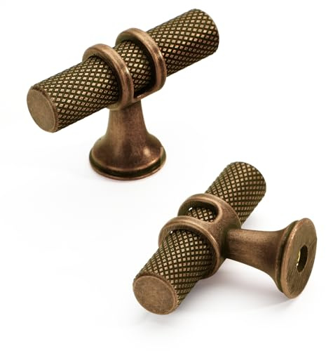FURNIWARE 10 Stück Möbelknöpfe Antik Messing, T-förmiger Schrankknöpfe 50mm, Türknöpfe Gerändelte, Kommodenknöpfe Vintage, Schubladenknöpfe für Schränke, Kommoden, Kleiderschrank, Türen