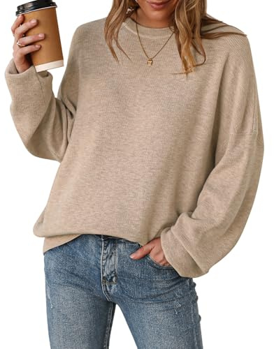 Arach&Cloz Women's Wool Blend Oversized Casual Fall Sweaters Camel L | Crewneck, Long Sleeve, Anti-pilling, Wrinkle-Resistant, Business Casual, Work Top, Teacher Outfits, Fashion Clothing