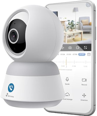 NIVIAN Telecamera WiFi Interna 2K 4MP, visione a 360° con IA e auto-tracking, audio bidirezionale e bottone di chiamata per la sicurezza della famiglia