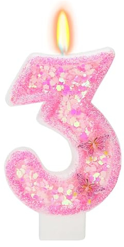 DazzJoy Schmetterling Geburtstagskerzen Kuchen Zahlen 3, Schmetterling Kerze 3 Geburtstag Mädchen, Schmetterlinge Geburtstagskerze Deko 3. Geburtstag Mädchen, Zahlen Kerzen 3 Rosa(ca.7,2cm)