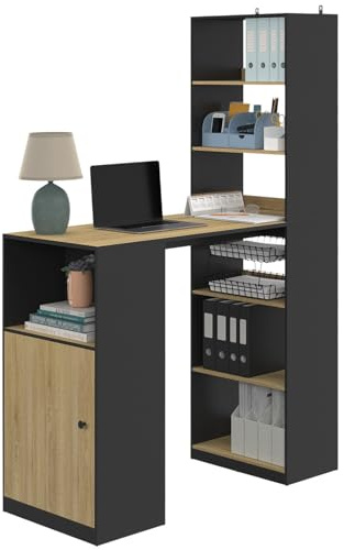 IDMarket - Bureau LUNG avec rangements et placard 2 personnes noir et bois