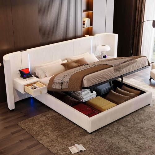 EURHCIO Lit Coffre 180x200,Cadre de Lit 2 Personnes Rembourré avec Tête de lit King Size à 2 Tiroirs,Ports USB-C,Éclairage LED Réglable,Stockage Hydraulique,pour Adulte(Beige)