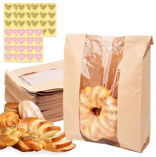 Zoyiancy Paquete de 50 bolsas de pan de papel kraft para pan casero, bolsas de panadería de masa madre con ventana, bolsas de pan grandes con etiquetas adhesivas de sellado para almacenamiento de