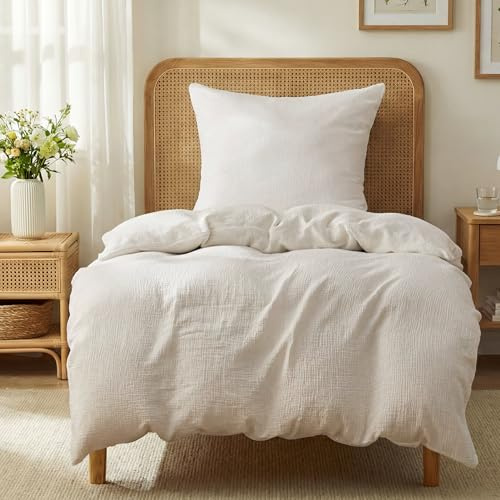 BEDSURE Musselin Bettwäsche 135x200 2teilig - Beige, 80x80 Kissen, Oeko-TEX | 100 % Baumwolle Bettwäsche-Sets, 1 Bettbezug 135 x 200 und 1 Kissenbezug 80 x 80, mit Reißverschluss, Weich, Atmungsaktiv
