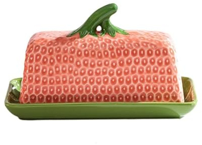 Mantequera con forma de fresa, contenedor de mantequilla de cerámica y caja de almacenamiento de queso, organizador de cocina, 19,5 x 9,5 x 11,5 cm, rosa