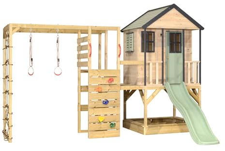 Wendi Toys M48-G Stelzenhaus mit Rutsche, Kletterturm aus FSC-Holz, Spielhaus Kinder Outdoor Garten mit Plattform 90/120 cm, Kletterwand, Kletternetz, Turnringe, Sandkasten, 340×360×242 cm