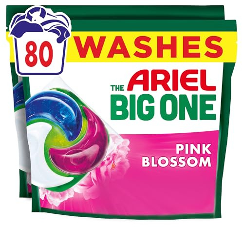 Ariel The Big One PODS®, Washing Liquid Laundry Detergent Capsules, 2 x 40 Washes, Pink Blossom, 2X Stain & Odour Removal, Fast Dissolving Even in Cold