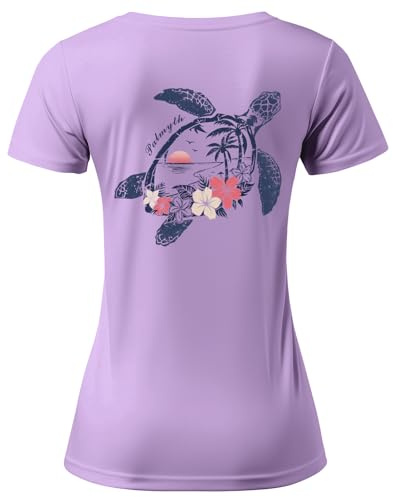 Palmyth Women‘s Fishing Shirts UPF 50+ Sun Protection T-Shirt Quick-Dry Short Sleeve Rash Guard Tops (Lilac/TurtleFlower,L)