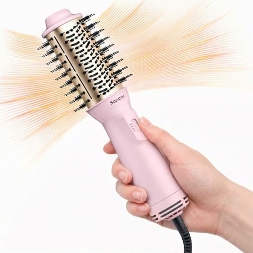 Bopcal Cepillo de Aire Caliente 4 in 1, Secador Iónico Portátil para Pelo Liso, Volumen y Rizos, Mini Cepillo Redondo de Viaje con Doble Voltaje, 3 Niveles de Temperatura y Adaptadores US/UK