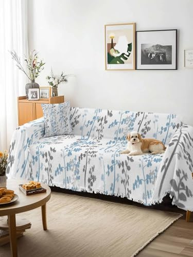 Light Blue Grey Botanical Sofa Cover Blanket Couch Covers for Armchair Cushion,Couch Sofa Silpcover with Tassel,Spring Floral Summer Farmhouse Living Room Throw Towel Blanket Covers XX-L 71x150