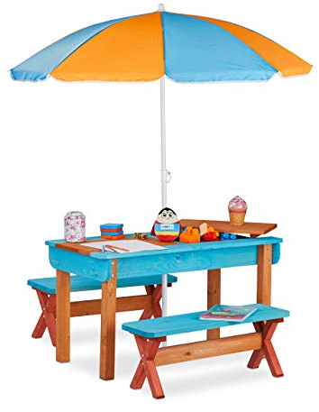 Relaxdays Kindersitzgruppe Garten, Holz, Spieltisch Set aus Tisch, 2x Sitzbank & Sonnenschirm, Outdoor Kindermöbel, bunt