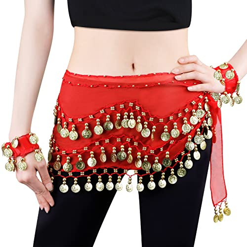 LZYMSZ Écharpes de Hanche de Danse du Ventre, Jupes en Forme de Vague pour Femmes avec 128 pièces d'or, Ceinture de Costume de Danse du Ventre Suspendue en Mousseline avec Bracelets (Red)