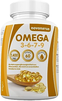 Omega 3 6 7 9, 60 Perlen, angereichert mit Flachsöl, Nachtkerzen, Oliven, Weizenkeimen und Macadamianüssen, wohltuend für Herz, Sehkraft und Gehirn. Novonatur