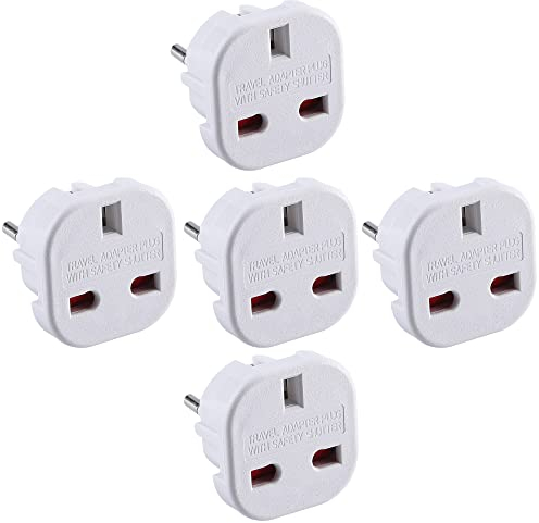 DAPTER 5 Pack White UK to European Plug Adapter | Travel Adapter UK to Europe | Euro Plug Adapter (Type G to C, E, F) | Travel Plugs UK to EU Countries (SPAIN, ITALY, GREECE, TURKEY, POLAND & More)