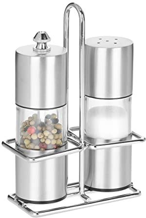 Relaxdays Gewürzstreuer, Gewürzmühle, 2er Set, Edelstahl Ständer, Salz & Pfeffer, Pfeffermühle Keramikmahlwerk, Silber