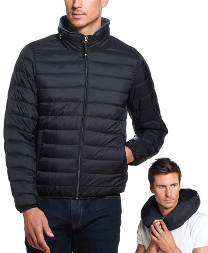 Weatherproof Men's Puffer Jacket, Lightweight Alternative Down Jacket with Packable Travel Neck Pillow, Travel-Ready Winter Jackets for Men, Water & Wind Resistant, Black, Large