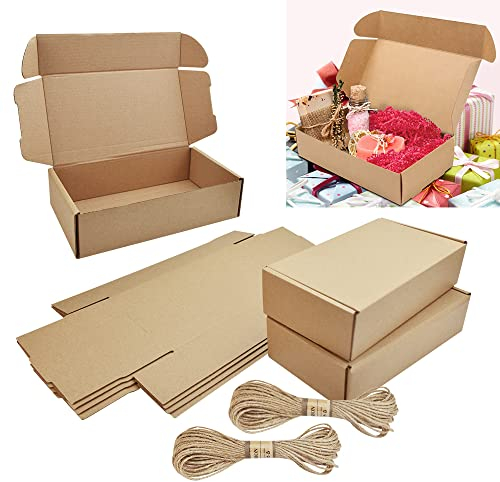 CODIRATO 20 Stück Karton Geschenkboxen Klein Kraftpapier Box Geschenkschachtel mit Deckel Faltschachtel mit Juteseil Kraftpapier Süßigkeitbox Geschenkverpackung für Weihnachten Hochzeit, 20x11x5cm