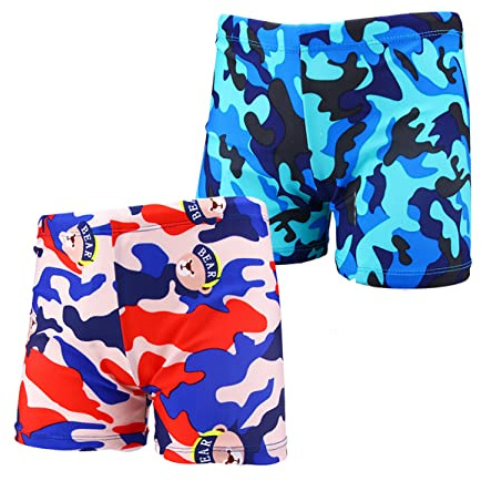 NautySaurs 2-pack baby badshorts 1 till 11 år, dinosaurie hajbadbyxor, Kamouflage-röd+blå, 4-6 anni