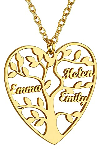 GOLDCHIC Collier Pendentif Arbre de Vie Coeur Prénom Personnalisé Femme Acier Inoxydable 1-8 Noms des Enfants Généalogique Argent/Plaque Or/Noir Cadeau Noël Anniversaire Fête Mères Chaine 50/40+5cm