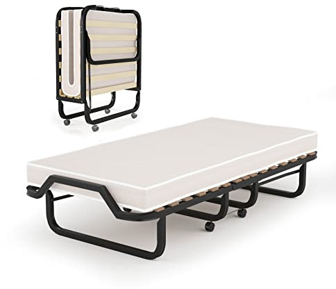 LIFEZEAL Brandina Pieghevole con Materasso in Memory Foam, 200x80x40cm, Letto Singolo a Scomparsa con 4 Ruote, Telaio in Acciaio, 15 Doghe in Legno, Peso Max 120kg, Salvaspazio, per Casa, Ufficio