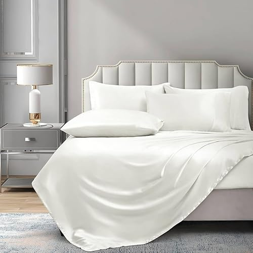 Cloud fino,Silk Satin Sheet Set| 100% Pure Silk Satin Sheet Set 7pc Silk Fitted Sheet 15'' Deep Pocket,Silk Flat Sheet,Silk Duvet Cover & Pillowcases Set !!(Queen Ivory)