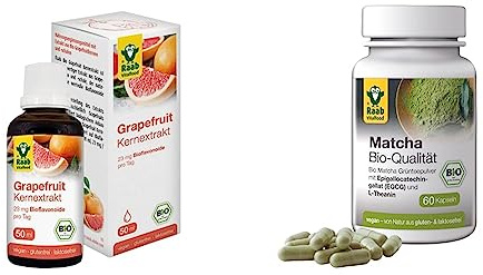 Raab Vitalfood Bio Grapefruit-Kernextrakt mit Bioflavonoiden, Tropfen & Bio Matcha-Kapseln, 60 Stück, Grüntee-Extrakt aus Japan, Premium Qualität, vegan, glutenfrei, grüner Tee, 1 Monat