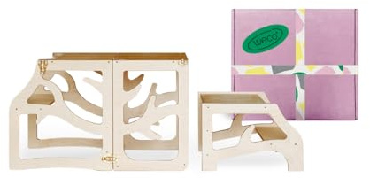 WECO 3-in-1 Kinder Lernturm mit Tisch & Tritthocker, Faltbarer Montessori Küchenhelfer aus Birkenholz, Sicherer Lernturm für Kinder mit Sicherheitsverschluss, 88 cm (Klarlack)