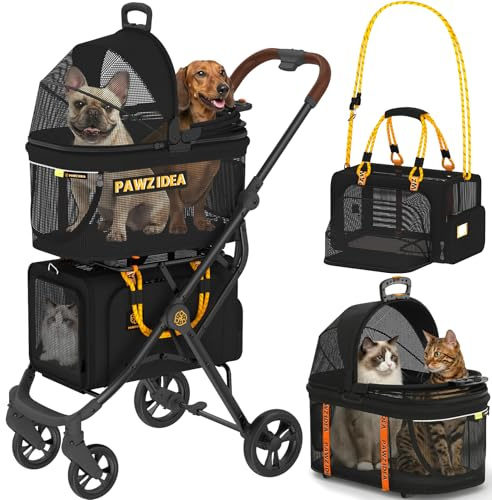 PAWZIDEA Passeggino doppio per 2 gatti e cani di taglia piccola e media, approvato dalla compagnia aerea TSA, trasportino per gatti espandibile, passeggino per gatti con borsa rimovibile, 2 passeggini