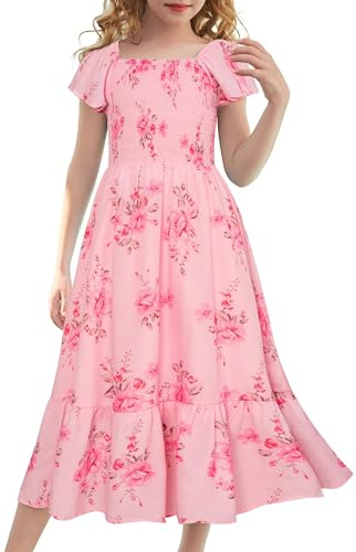 GRACE KARIN Floral Dress for Girls 2026 Spring Easter Dress Flutter Sleeve Smocked Summer Maxi Dress 8-10 Years,Flowers on Light Pink