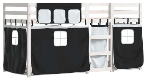 vidaXL Etagenbett, Kinderbett mit Vorhängen Leiter, Hochbett Spielbett für Kinder ab 6 Jahren, Doppel Stockbett Bett, Weiß Schwarz 80x200cm Massivholz Kiefer