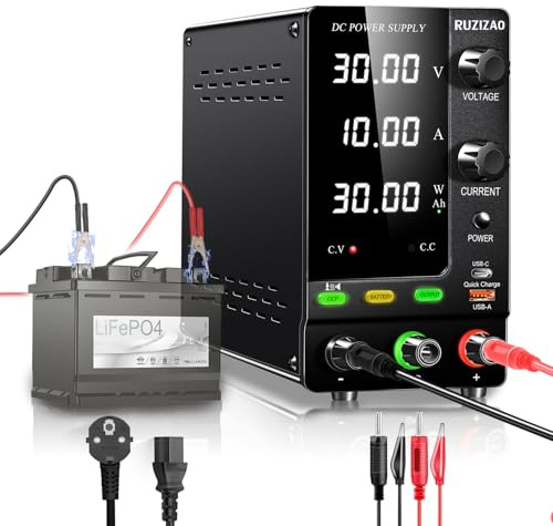 RUZIZAO Fuente de Alimentación 30V 10A, 300W Regulada por Codificador 1V-24V Carga de Baterías Fuente de Alimentación con Interruptor de Salida/Detección Cargas/Botón OCP 18W Puerto USB de Carga