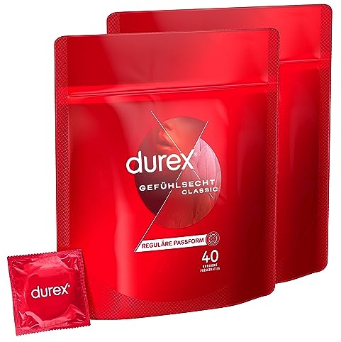 Durex Gefühlsecht Classic Kondome – Dünne Kondome mit anatomischer Easy-On-Form & mit Silikongleitgel befeuchtet – 80er Pack (2 x 40 Stück)