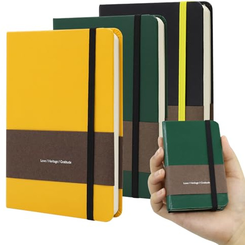 TUNJILOOL 3er Set A7 Notizbuch - Schwarz/Gelb/Grün, Leder, 192 Seiten, Gummiband, Tasche