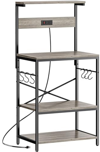 SUPERJARE Kitchen Bakers Rack with Power Outlet, Coffee Bar Table 4 Etags, Kitchen Microwave Stand with 6 S-shaped Hooks, Kitchen Storage Shelf Rack for Spices, Pots and Pans - Grey Oak