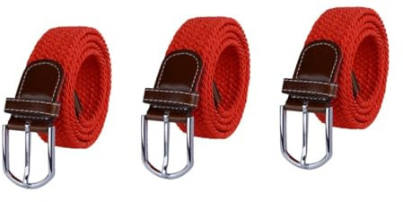 LIFKOME 3stücke Elastischer Geflochtener Gürtel Aus Stoff Für Damen Und Herren Verstellbar Mit Pu-leder-schlaufe Rot Für Jeans Und Freizeitmode