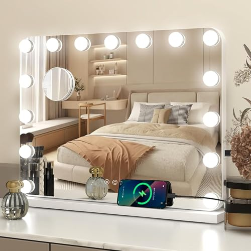 YU YUSING Specchio Trucco con Luci Hollywood, 58X45cm Specchio 15 Lampadine Led Trucco USB, 3 Temperature di Colore, Specchio da Tavolo 10X, Specchio Cosmetico da Parete, Angolo Arrotondato, Bianco