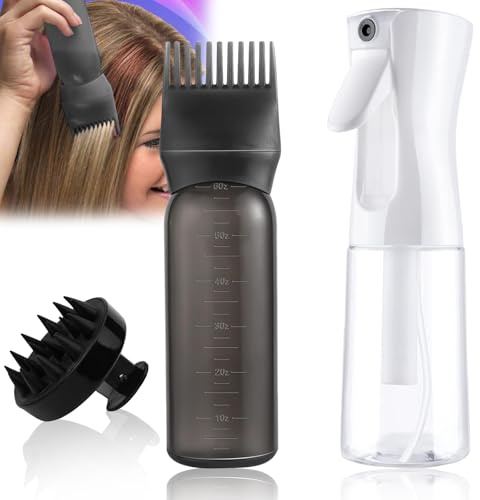 WPPQWP Vaporisateur Cheveux, 170ml Flacon Applicateur Huile Cheveux avec Brosse, 200ml Brumisateur eau Rechargeable, Brosse Massage Cuir Chevelu pour Coloration et Coiffure(Blanc, Noir)