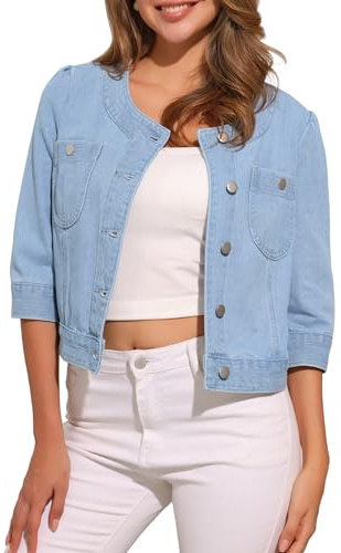Allegra K Damen Jeansjacke 3/4 Ärmel Kragenlos Cardigan Knopfleiste Cropped Jeansjacke, Hell, blau, L