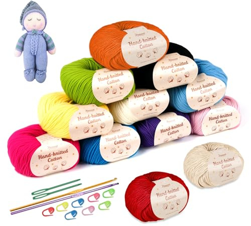 12 Color Cotton Yarn for Crochet, Homewit Cotton for Baby Super Soft Children's Milk Cotton - Each Ball 1.76 Oz (50g) with 2 Metal (2.5-3mm) Crochet Hooks Baby Fluffy Ball for Knitting Projects
