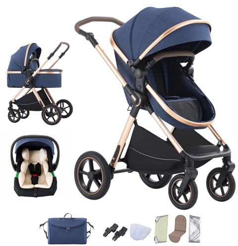 Mobayta Passeggino 3 in 1 neonati fino a 22KG passeggino compatto con maniglia regolabile passeggino cittadino Alluminio con paesaggio elevato combinazione passeggino trio (D2-BLUE, H2-D)