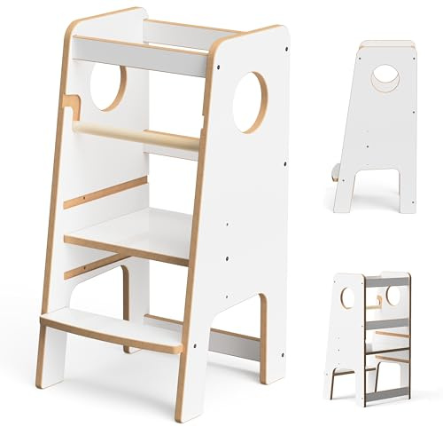 Lernturm für Kinder | ab 1 Jahr | 50kg Tragkraft | Trittschemel | Höhenverstellbar für Kinder | Kitchen Helper | Montessori (Weiß 2)