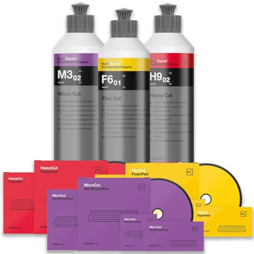 wortek Politur Set mit passendem Foam Pad: Heavy Cut + Fine Cut + Micro Cut Koch Chemie Polituren (3x Pad 126mm + Politur 250ml + ohne Poliertücher)