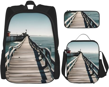 OXKGHHO Juego de mochila de trabajo con estampado de muelle costero con lonchera aislada, correas ajustables, para gimnasio y uso diario, Negro -, Talla única