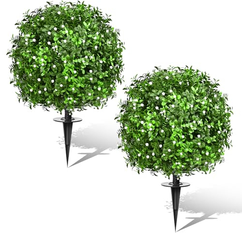 23 Set of 2 Artificial Boxwood Topiary Ball with Spikes Gypsophila Flowers for Outdoor , UV Resistant Faux Greenery Shrubs, Realistic Fake Bushes Plants for Garden, Yard, Front Porch, Patio Decor