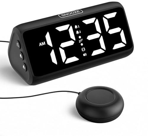 Despertador fuerte para durmientes profundos, despertador fuerte con vibración, doble alarma, pantalla LED, 5 niveles de brillo, 4 niveles de volumen, snooze, despertador vibrante para ancianos