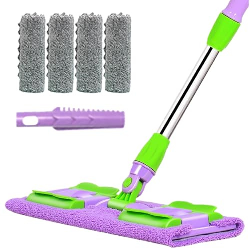 per la polvere – Scopa a frange per cucina con 4 teste lavabili, rotazione a 360° per pavimenti in piastrelle, parquet, esterno, terrazza, manico telescopico