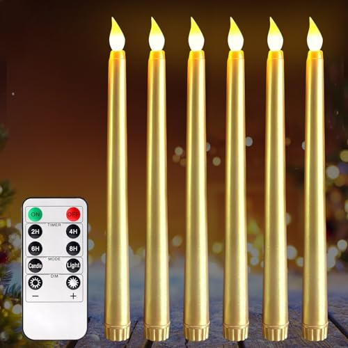 6 Stück LED Stabkerzen, 28cm x 2cm Stabkerzen LED mit Fernbedienung & Timer Flammenlose LEDKerze Warmweiß Flackernde Flamme Batteriebetriebene KerzenLED für Hochzeit, Party, Weihnachtendeko (Gold)