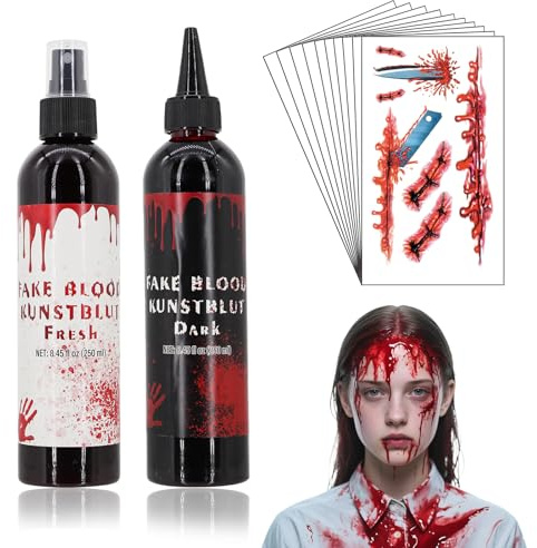 500ml Faux Sang + 10 Feuilles Tatouage Halloween pour Maquillage Halloween, Fake Blood pour Vampire, Clown, Zombie, Tatouage Halloween Enfant Adulte, Maquillage de Théâtre, Carnaval, Cosplay