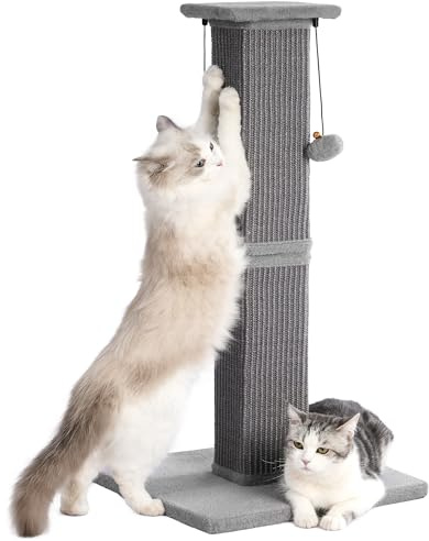 Pawfessor Large Cat Scratching Post with Heavy Duty Base 33 Sturdy Square Sisal Scracher Post and 2 Interactive Hanging Balls for Big Cats-Grey