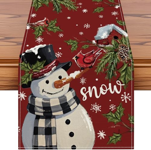 JOTOM Weihnachten Tischläufer, Tischband Küche Esstisch Dekoration für Party Wohnzimmer Esszimmer Garten, Innen & Außen Weihnachtstischdecke Weihnachtsdeko (40x140cm, Schneemann Vögel Rot)
